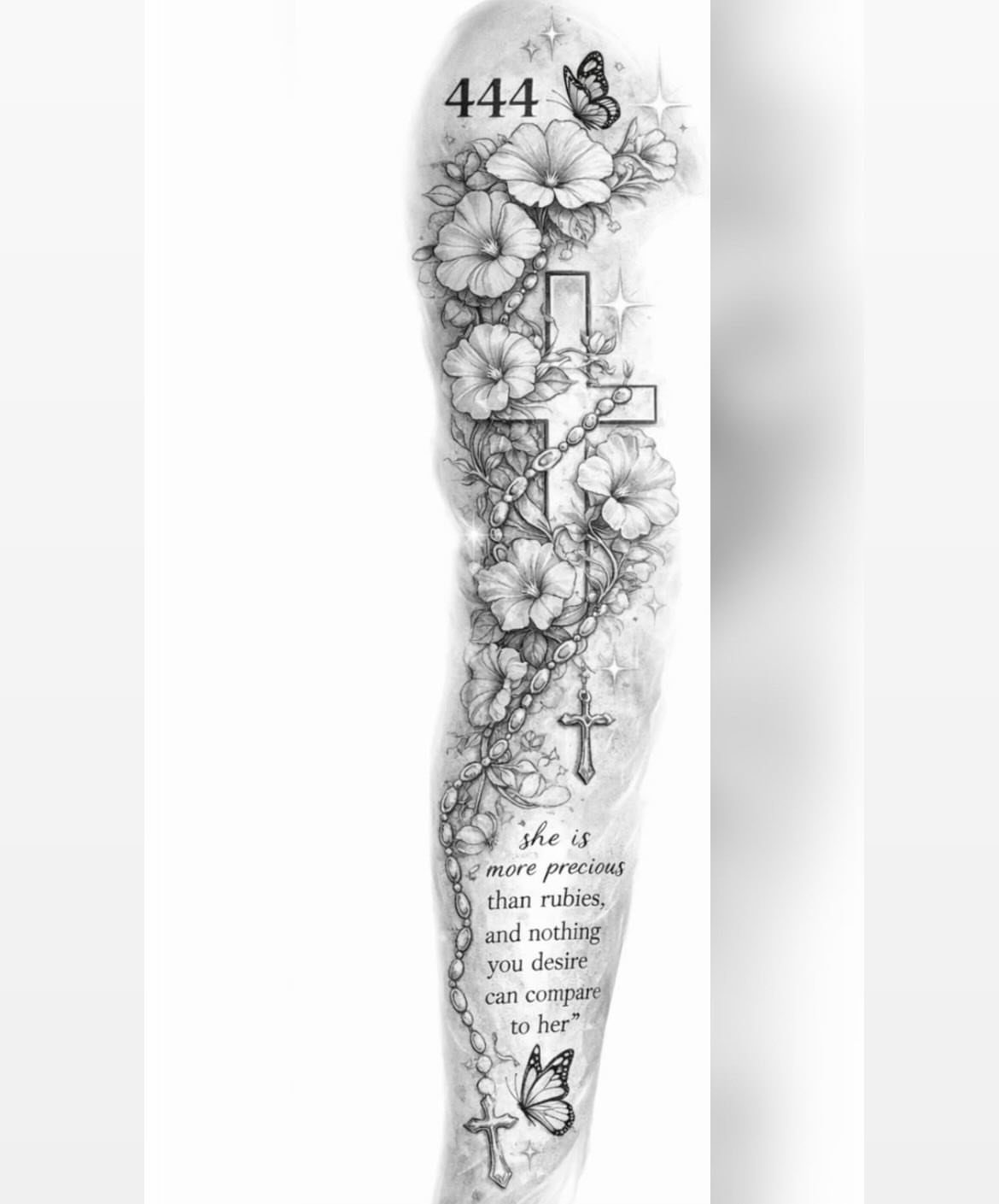 Arm tattoo featuring a cross, flowers, rosary beads, and a religious script quote.